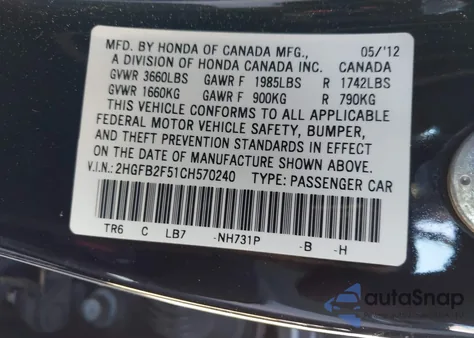 2012 Honda Civic Lx from USA, damaged, VIN 2HGFB2F51CH570240